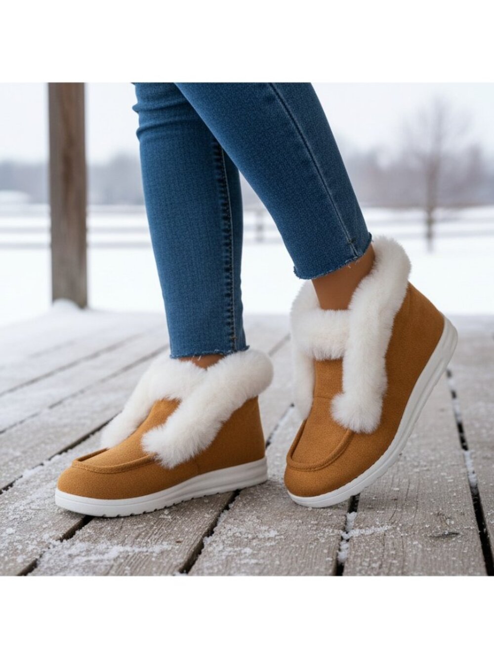Plush Faux Fur Trim Round Moc Toe Slip-On Ankle Boots Fluffy Winter Bootie Shoes